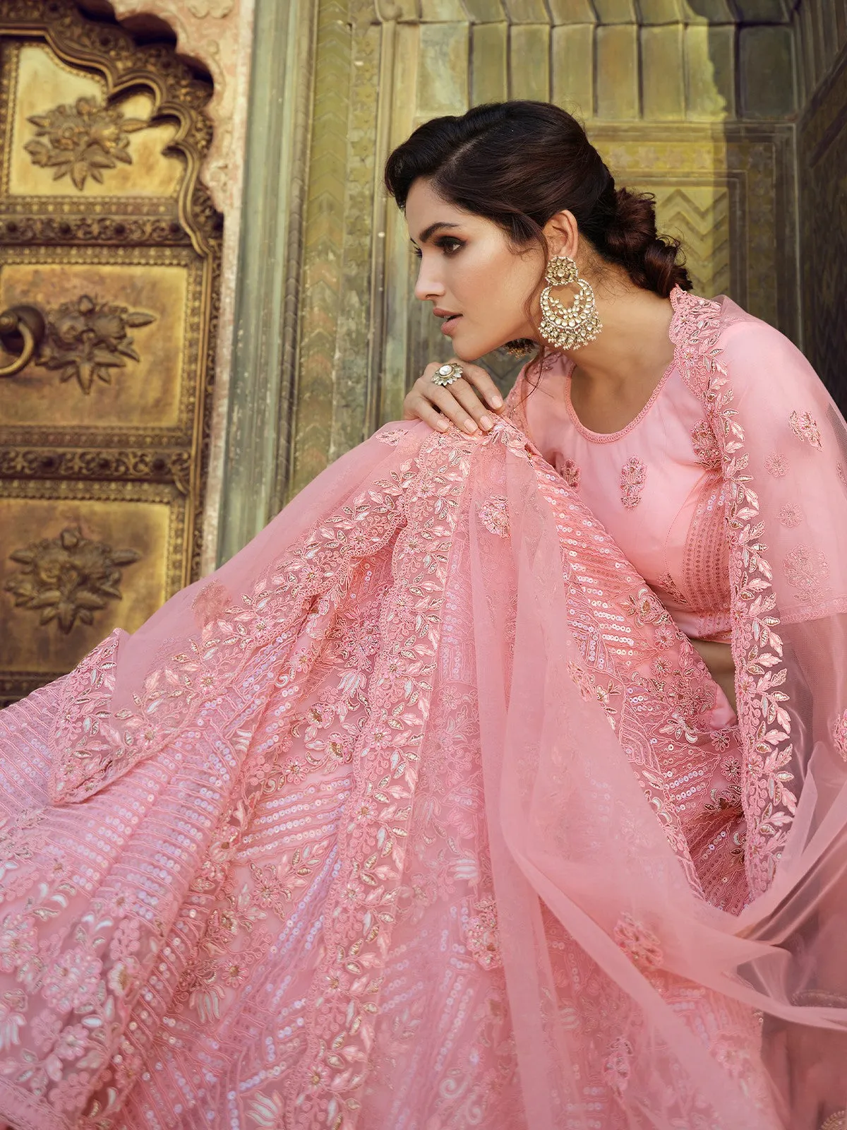 Pink Embroidered Soft Net Semi Stitched Lehenga With Unstitched Blouse