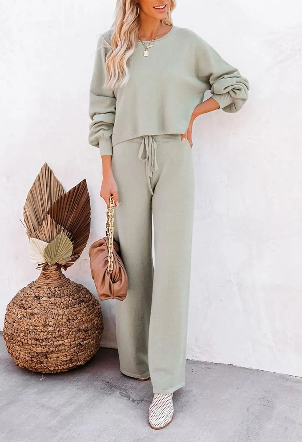 Pink Queen Women's 2 Piece Outfit Sweater Set Long Sleeve Crop Knit Top and Wide Leg Long Pants Sweatsuit