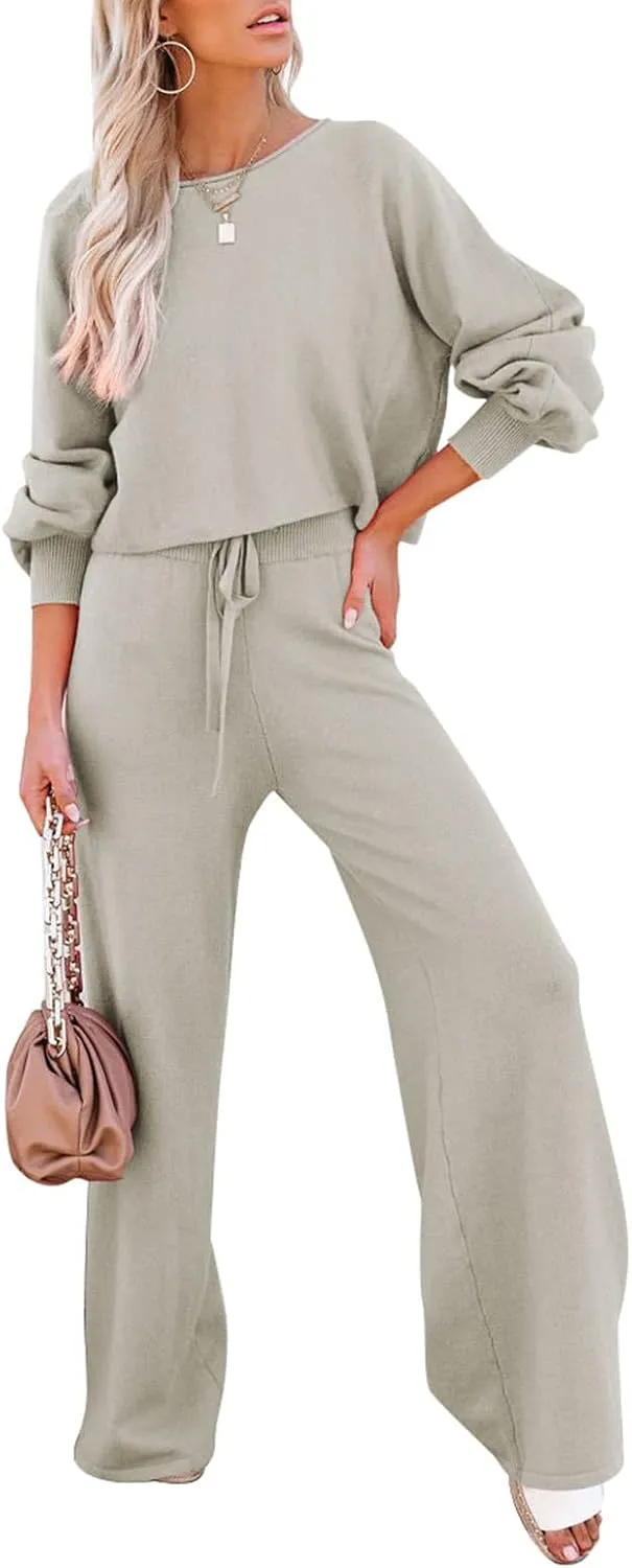 Pink Queen Women's 2 Piece Outfit Sweater Set Long Sleeve Crop Knit Top and Wide Leg Long Pants Sweatsuit