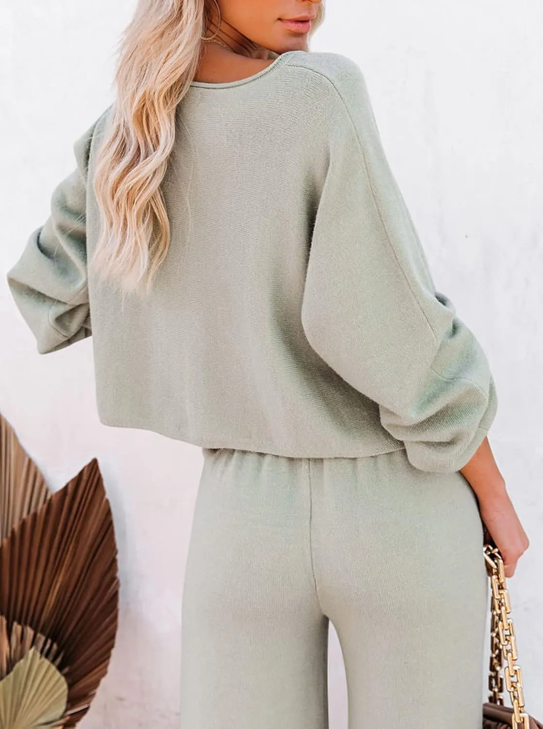 Pink Queen Women's 2 Piece Outfit Sweater Set Long Sleeve Crop Knit Top and Wide Leg Long Pants Sweatsuit