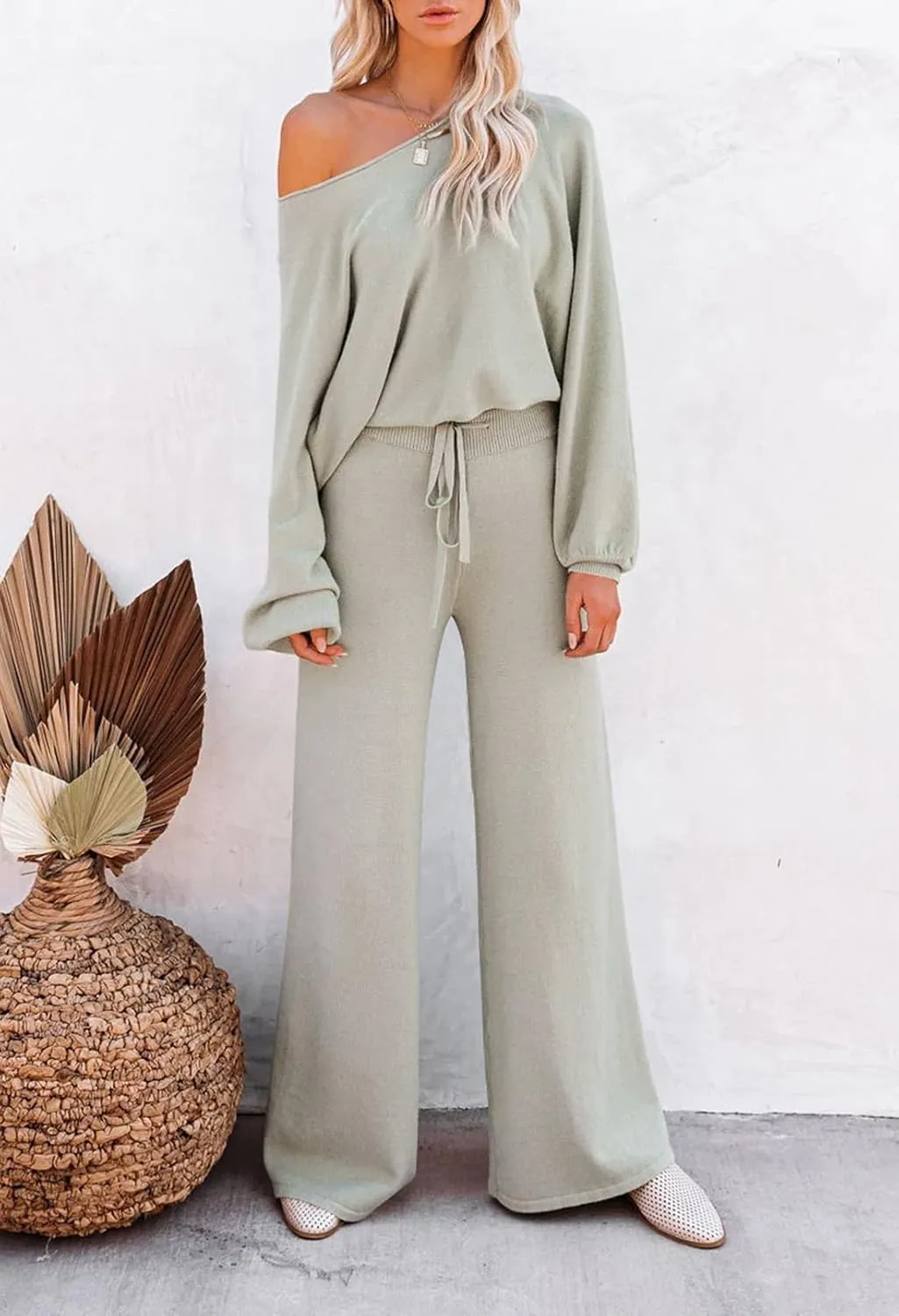 Pink Queen Women's 2 Piece Outfit Sweater Set Long Sleeve Crop Knit Top and Wide Leg Long Pants Sweatsuit