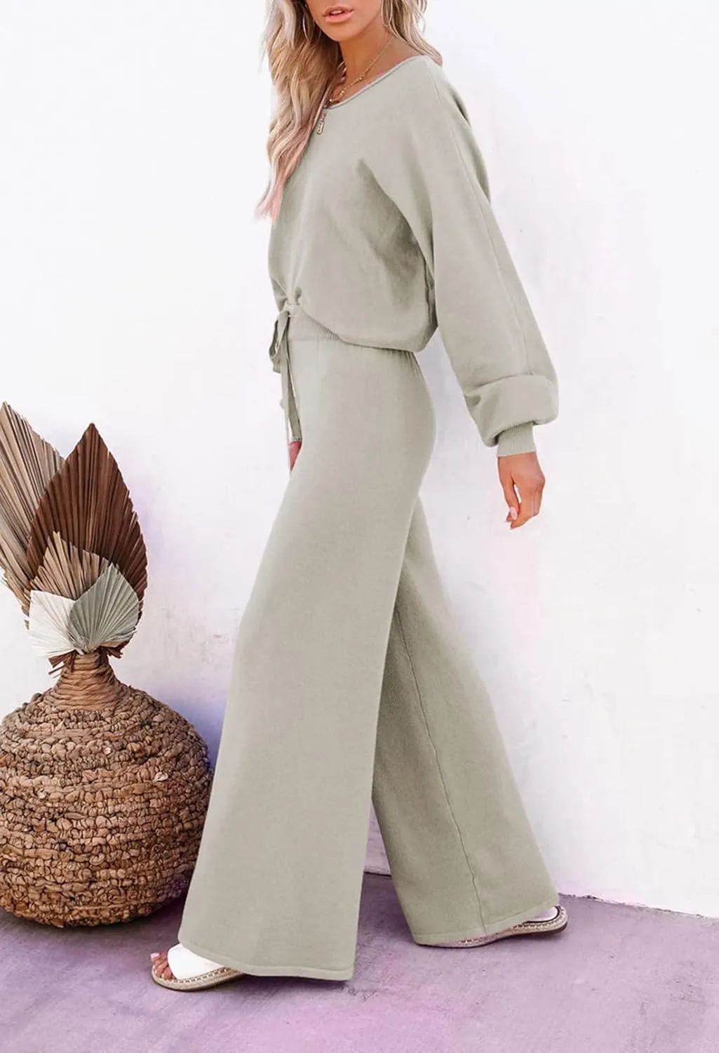 Pink Queen Women's 2 Piece Outfit Sweater Set Long Sleeve Crop Knit Top and Wide Leg Long Pants Sweatsuit