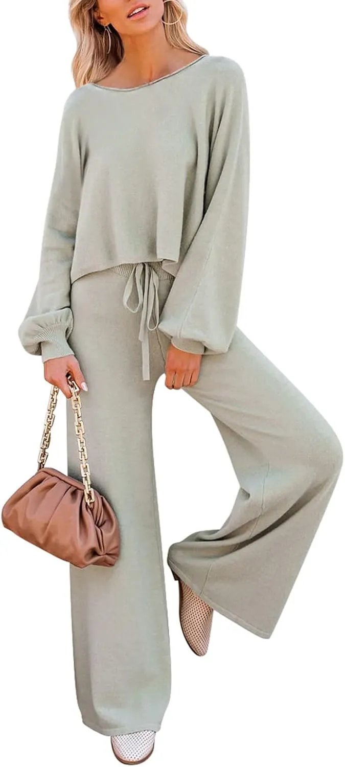 Pink Queen Women's 2 Piece Outfit Sweater Set Long Sleeve Crop Knit Top and Wide Leg Long Pants Sweatsuit