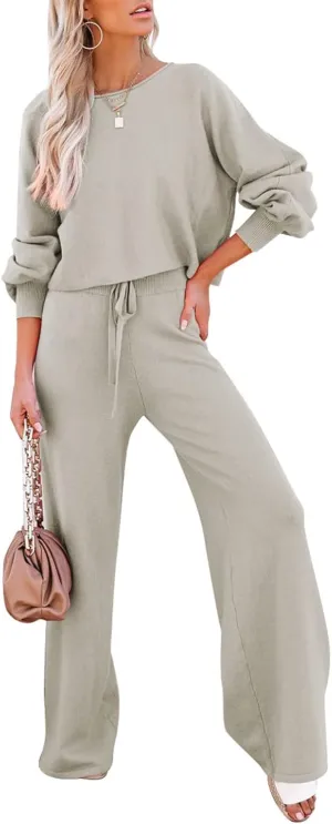 Pink Queen Women's 2 Piece Outfit Sweater Set Long Sleeve Crop Knit Top and Wide Leg Long Pants Sweatsuit