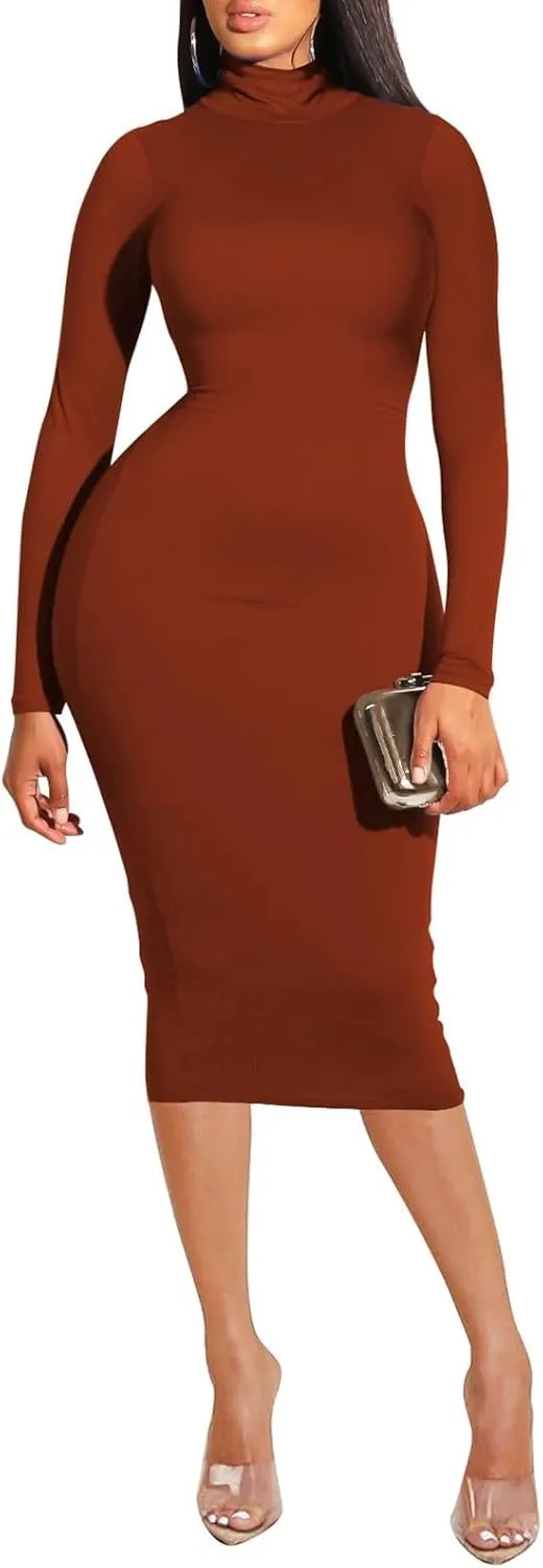 Pink Queen Womens Sexy Knit Dress High Neck Long Sleeve Bodycon Cutout Midi Dresses