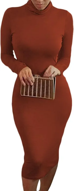 Pink Queen Womens Sexy Knit Dress High Neck Long Sleeve Bodycon Cutout Midi Dresses