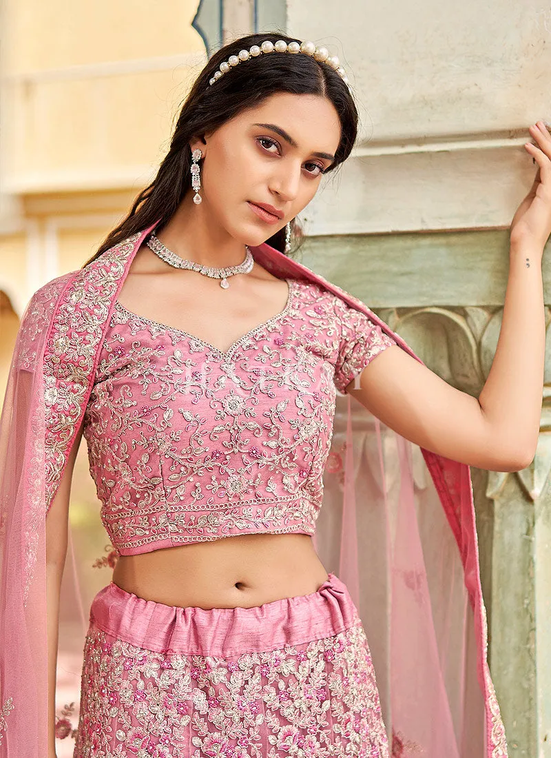 Pink Zari Embroidery Bridal Lehenga Choli