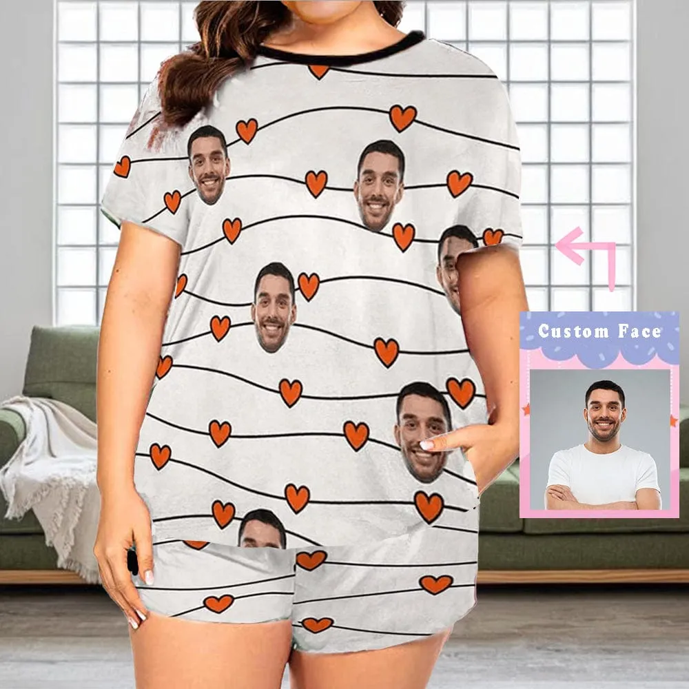 #Plus Size Pajamas-Custom Face Pajamas for Women Love Heart Shape Sleepwear Personalized Women's Short Pajama Set