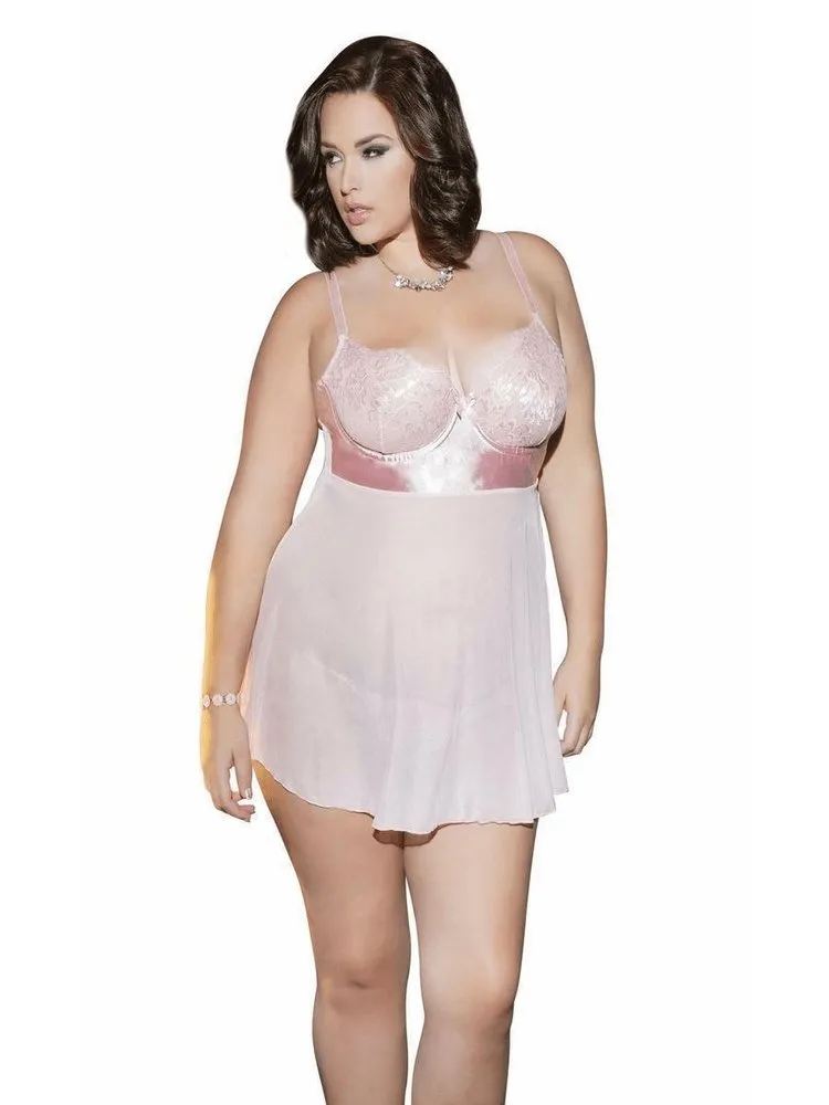 Plus Size Pink Lace & Satin Babydoll
