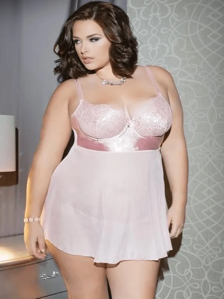 Plus Size Pink Lace & Satin Babydoll