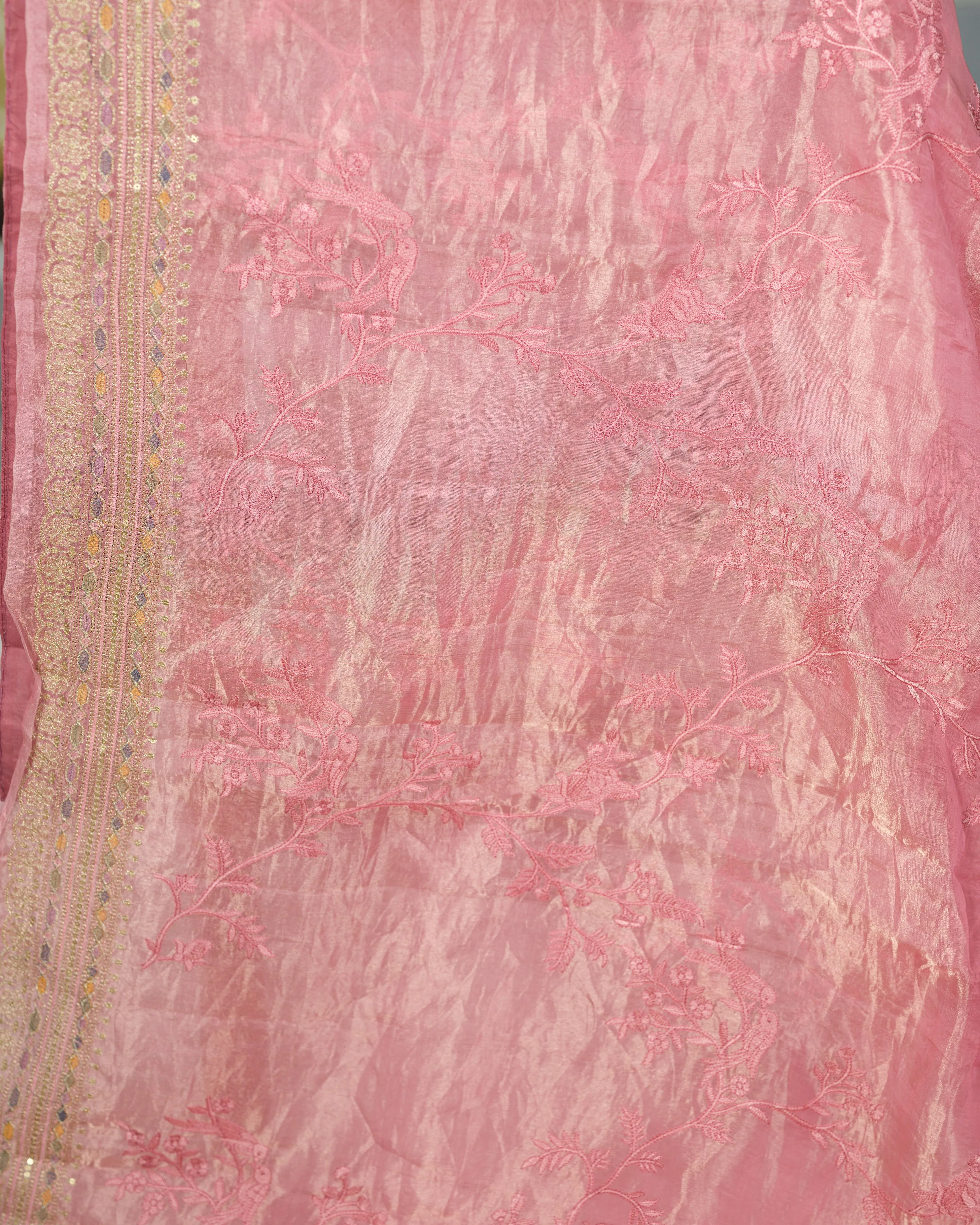 POWDER PINK EMBROIDERED TISSUE SAREE