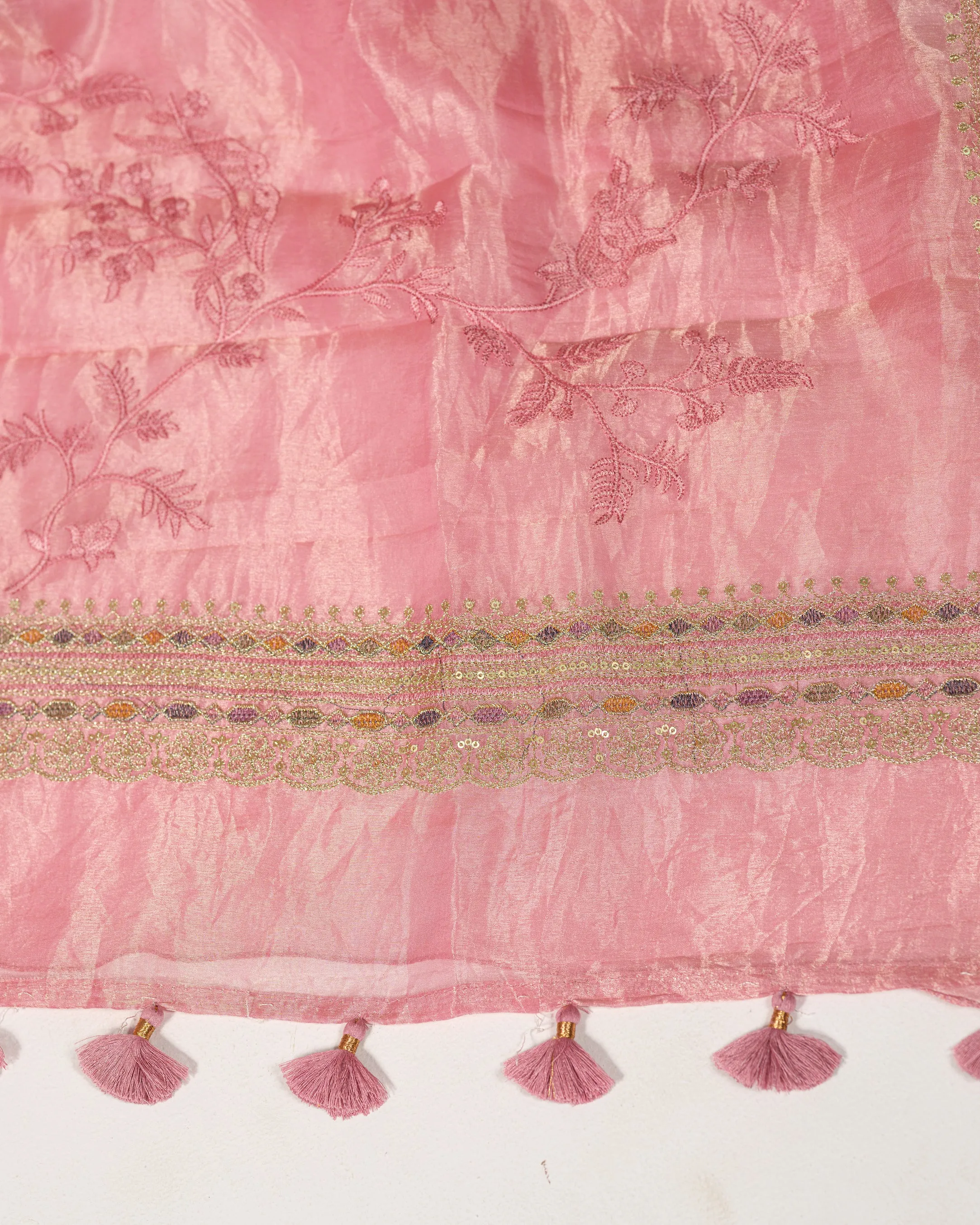 POWDER PINK EMBROIDERED TISSUE SAREE