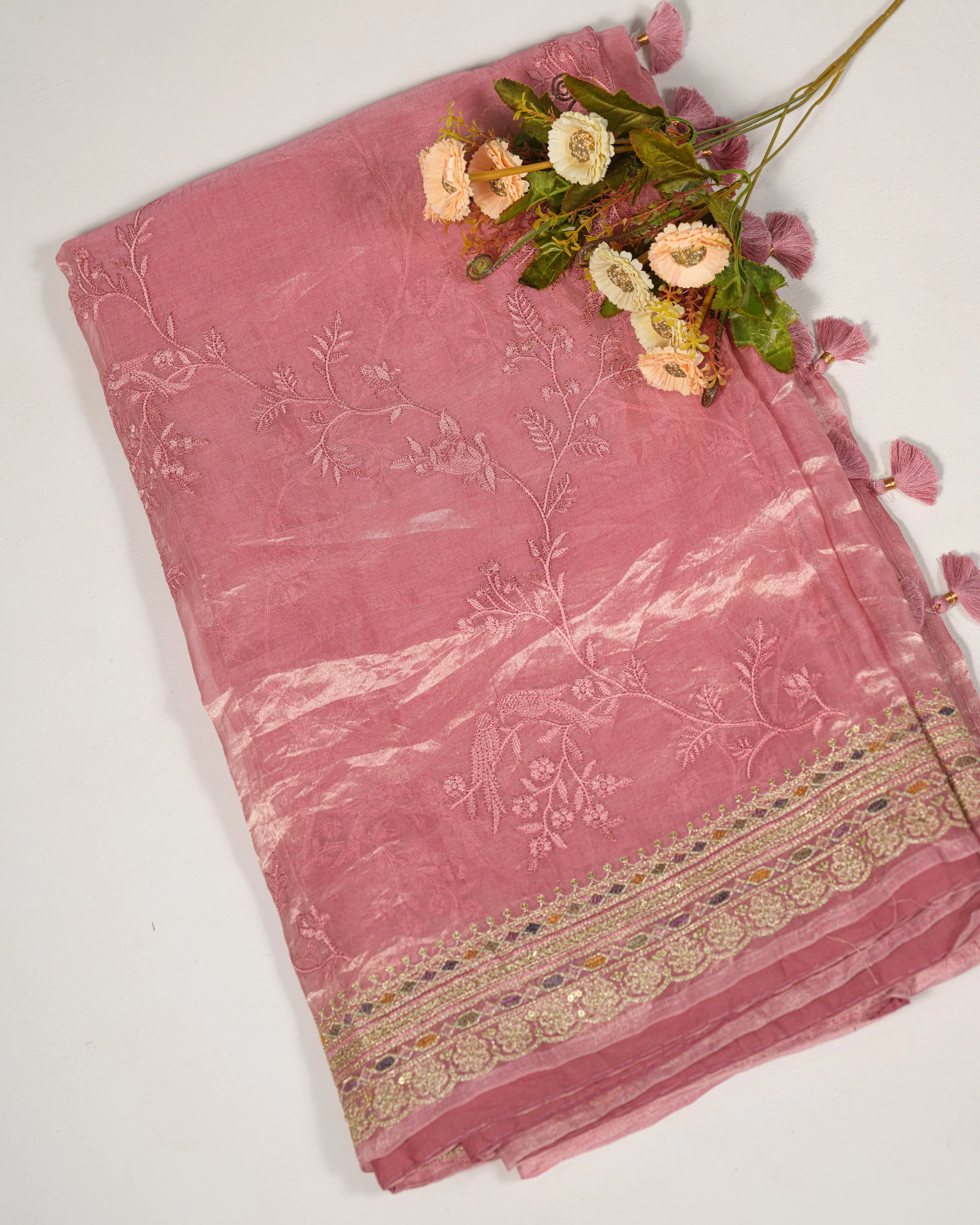 POWDER PINK EMBROIDERED TISSUE SAREE