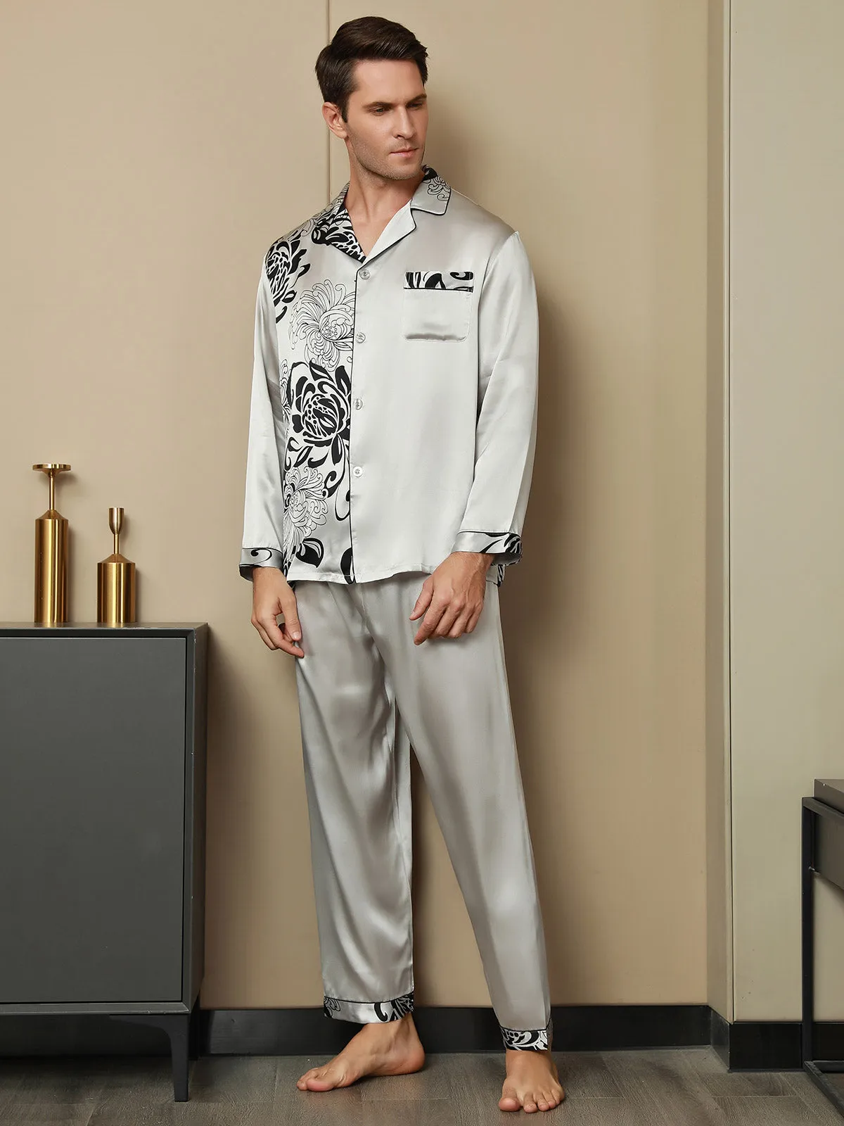 Pure Silk Men‘s Floral Printed Lapel Pyjama Set