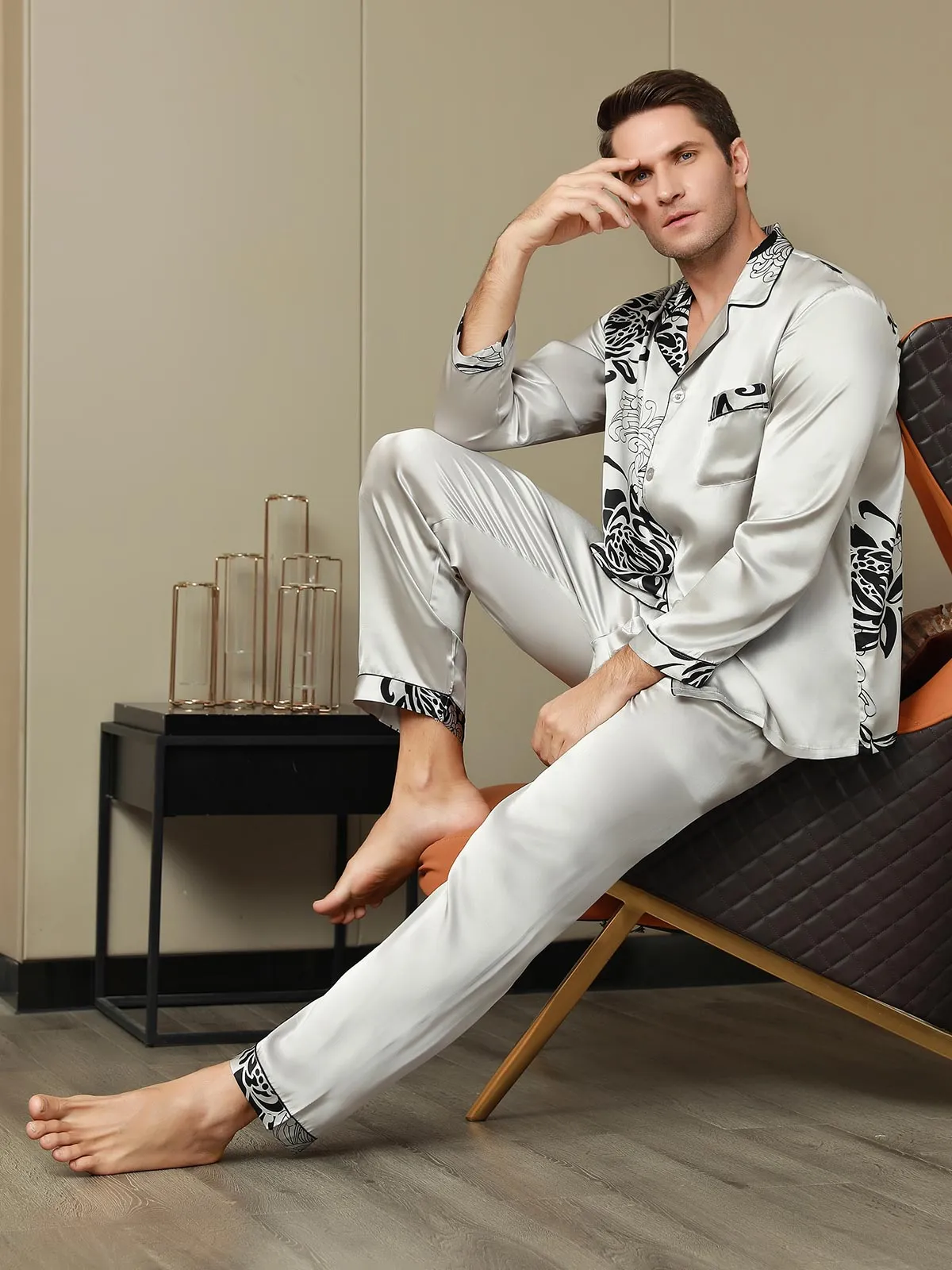 Pure Silk Men‘s Floral Printed Lapel Pyjama Set