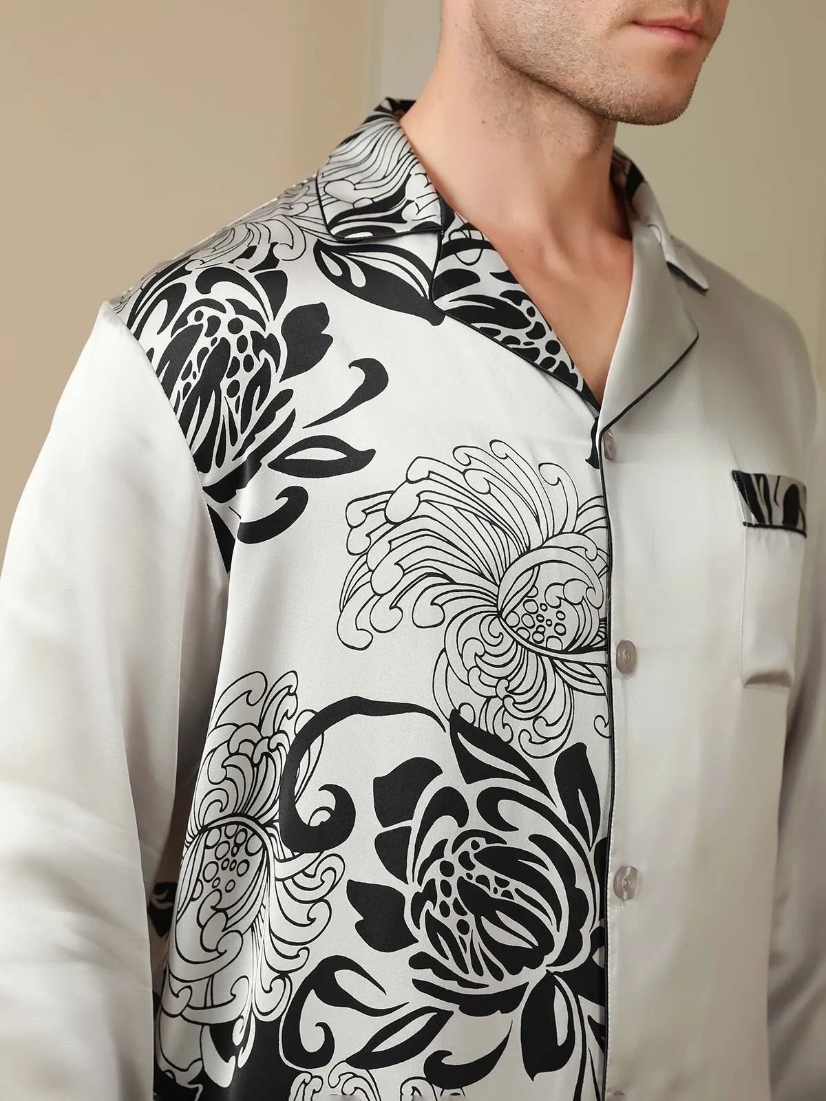 Pure Silk Men‘s Floral Printed Lapel Pyjama Set