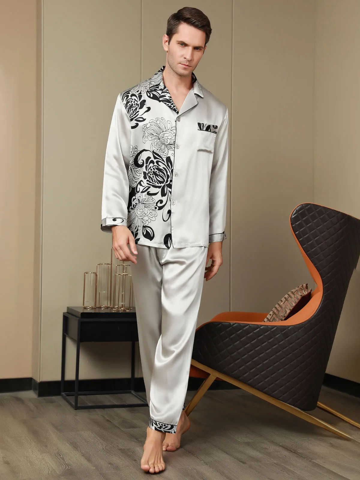 Pure Silk Men‘s Floral Printed Lapel Pyjama Set
