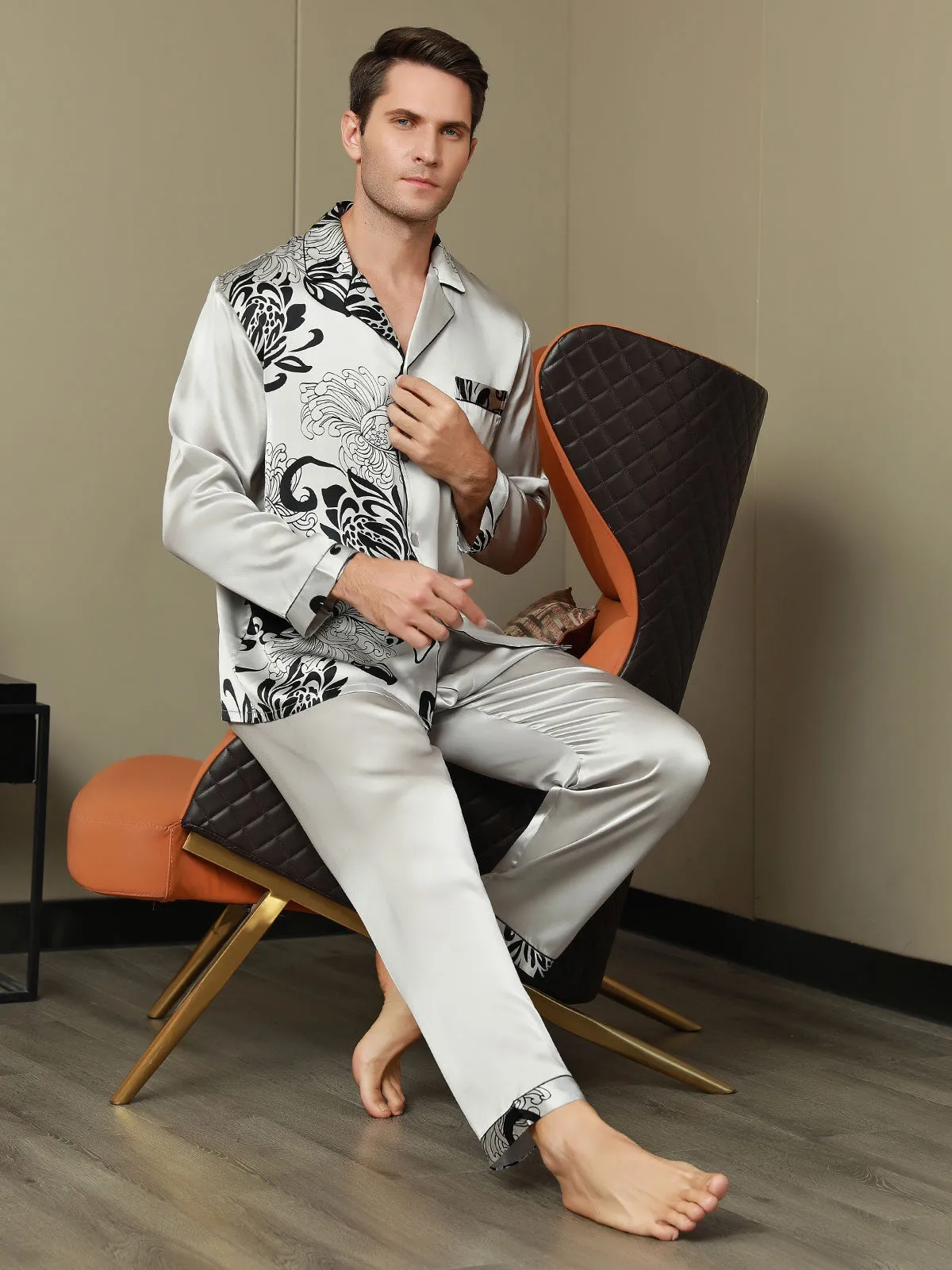 Pure Silk Men‘s Floral Printed Lapel Pyjama Set