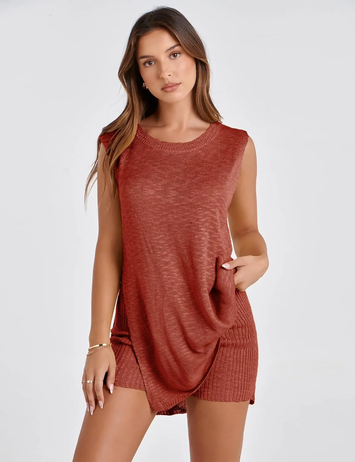 QIBABU Womens Knit Pajamas Sets 2 Piece Outfits Casual Sleeveless Sweater Tank Top Shorts Loungewear Lounge Sets