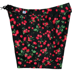 "A la Mode" Cherries Print Womens Board Shorts - Regular Rise / 7" Inseam (Black)