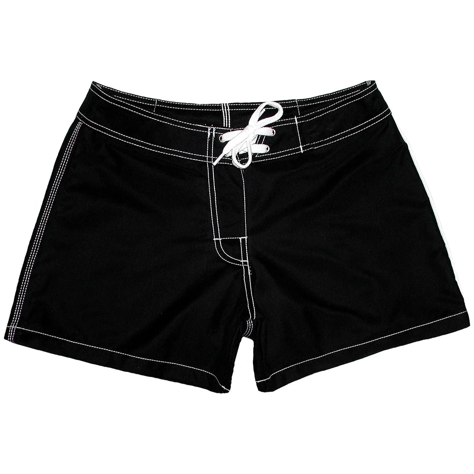 "A Solid Color" BEST SELLING Women's (Swim) Board Shorts - Regular Rise / 5" Inseam (Black White Stitching)