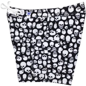 "Live to Ride" Skulls Print Womens Board Shorts - Regular Rise / 7" Inseam (Black White)