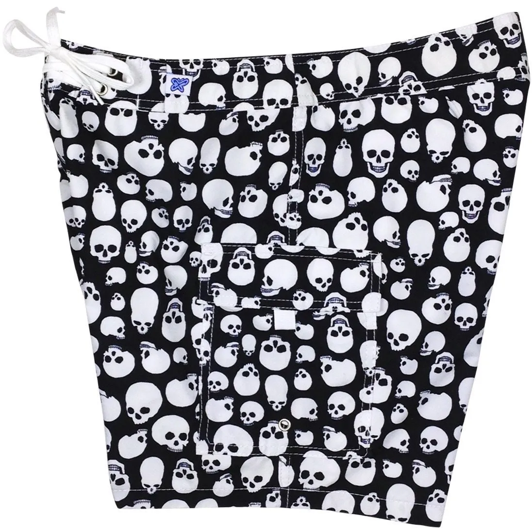 "Live to Ride" Skulls Print Womens Board Shorts - Regular Rise / 7" Inseam (Black White)