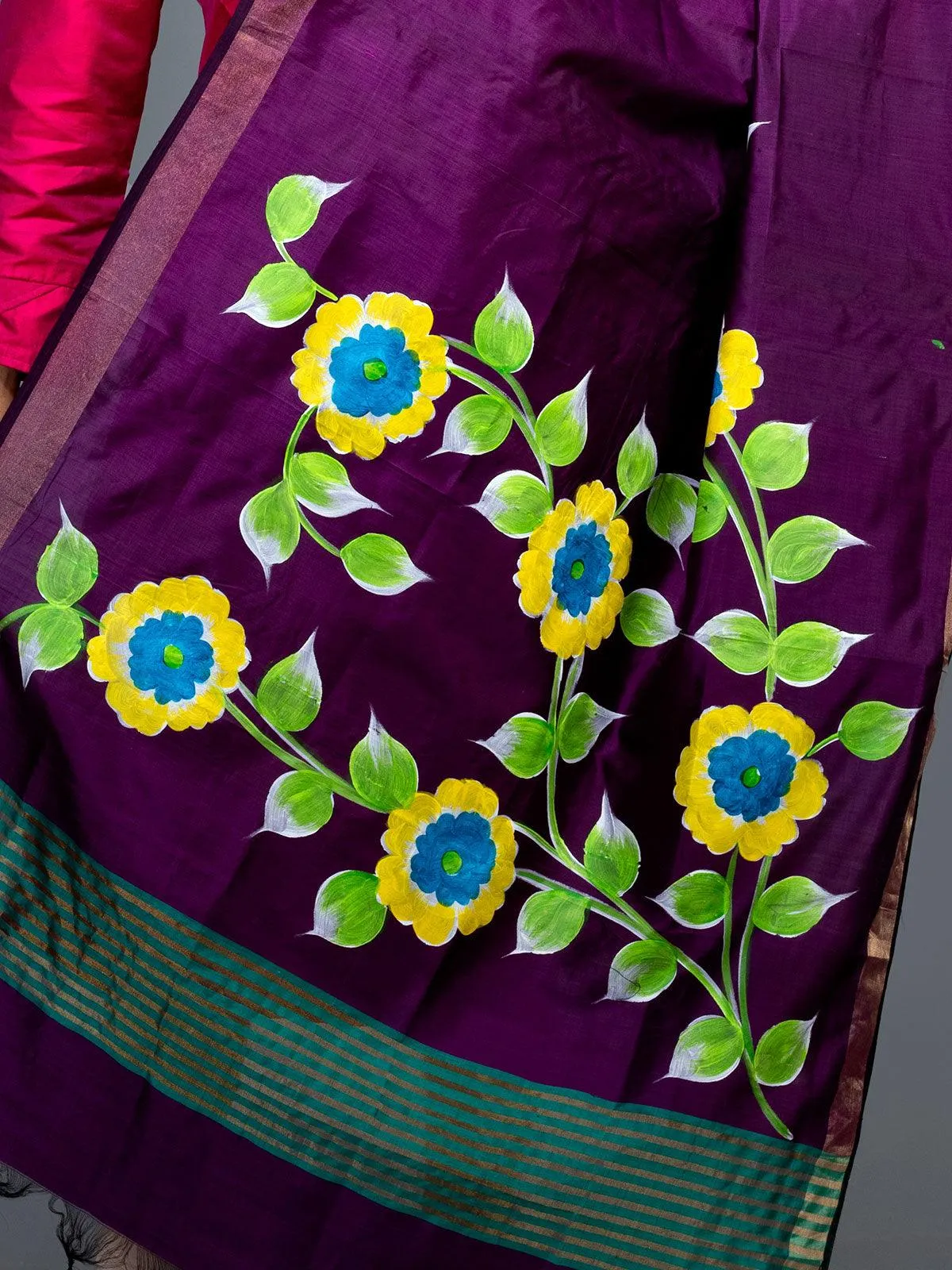 Red Violet Hand Painted Bishnupuri Katan Silk Dupatta