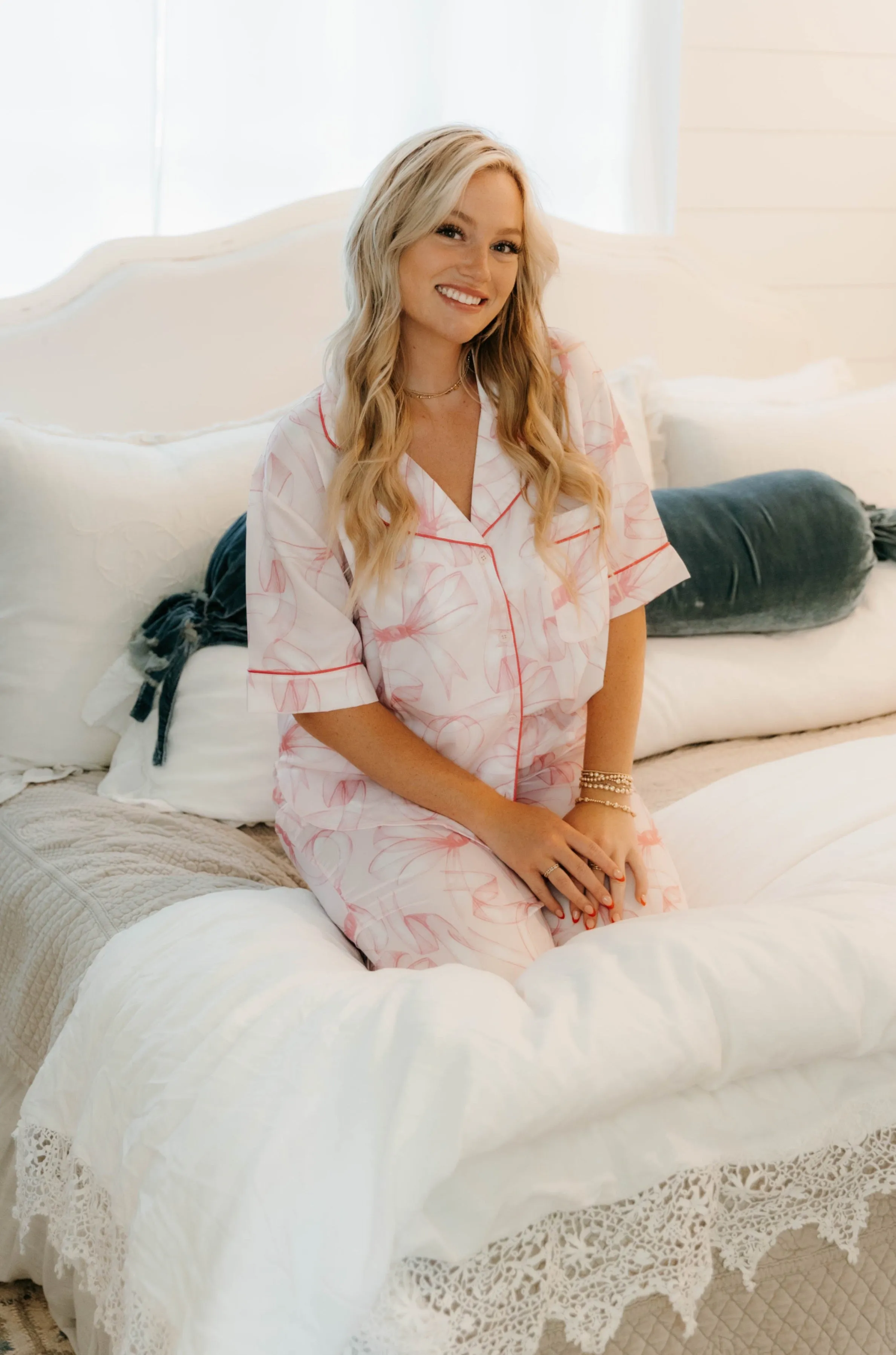 Ribbon Print Satin Pajama Set