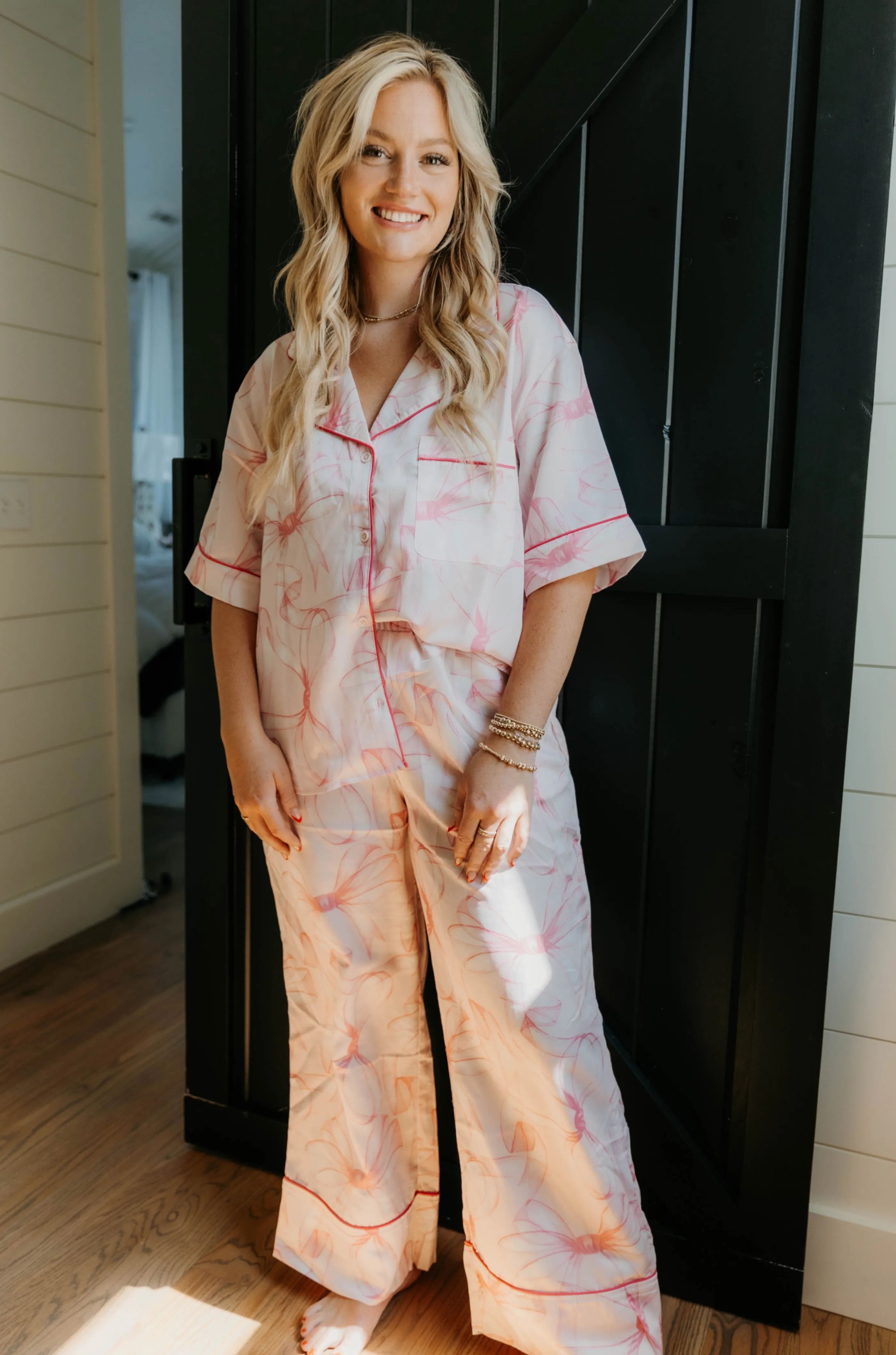 Ribbon Print Satin Pajama Set