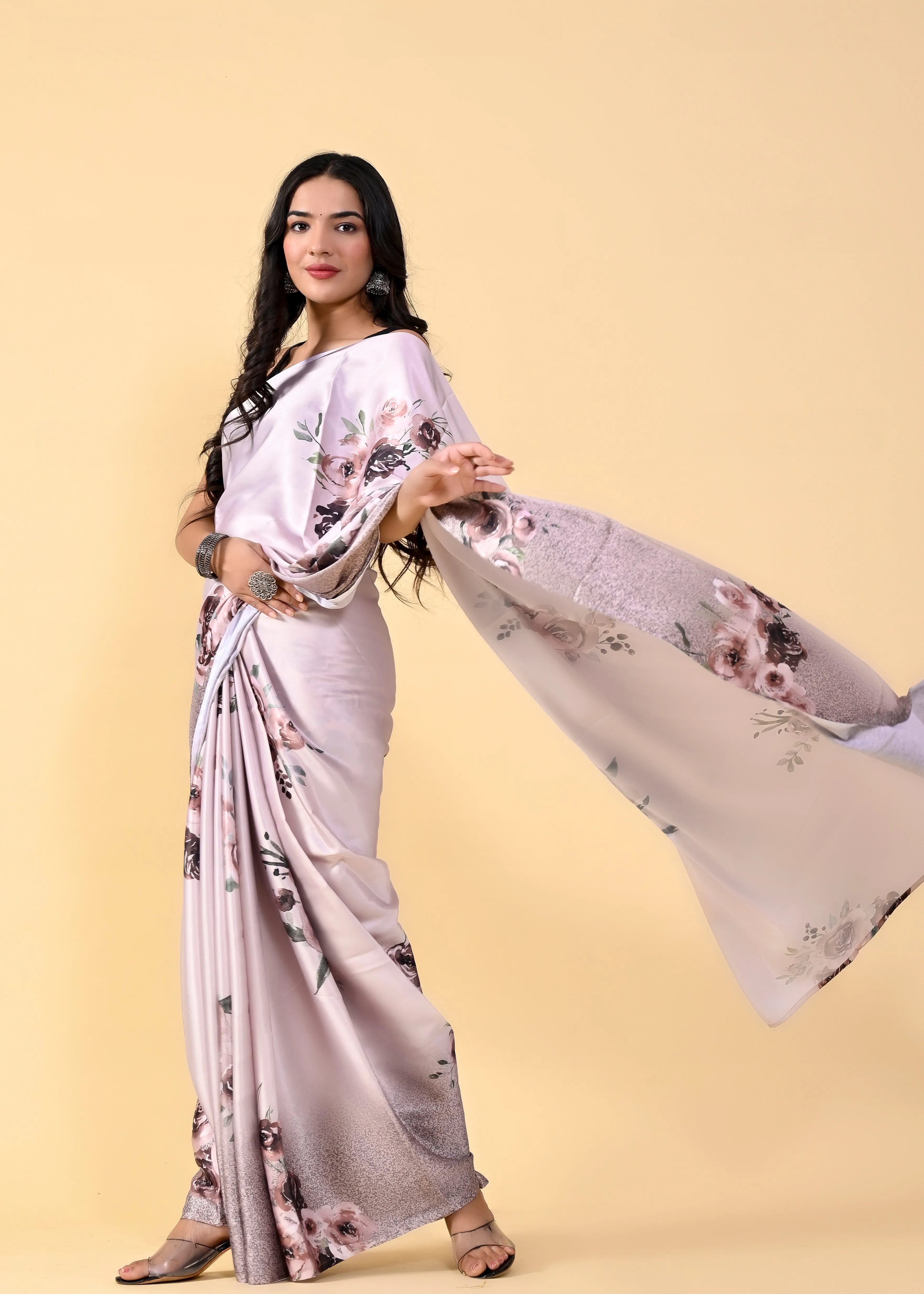 Rose Gold Floral Digital Printed Heavy Satin Silk Saree with Silk Blouse