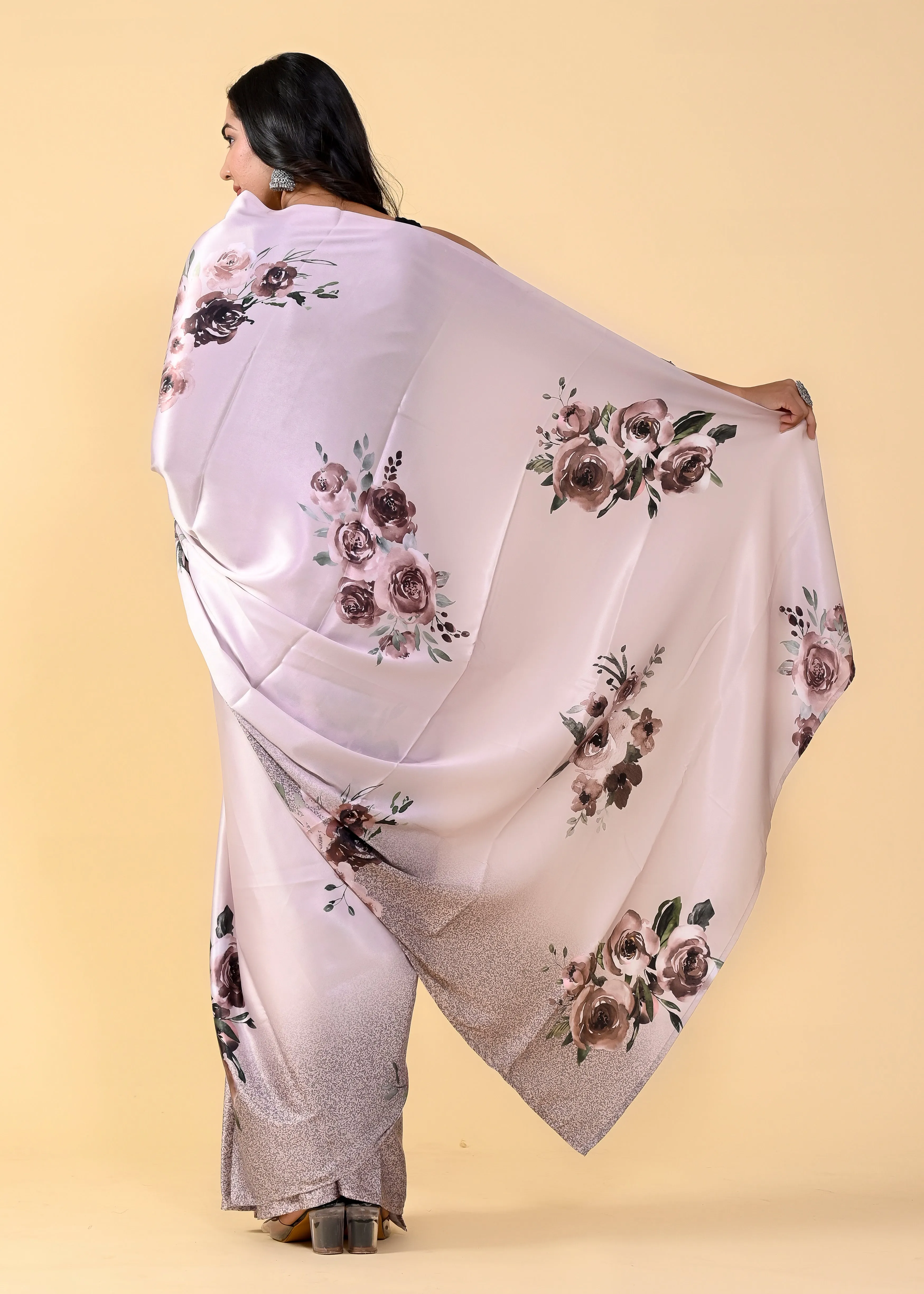 Rose Gold Floral Digital Printed Heavy Satin Silk Saree with Silk Blouse