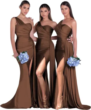 RYANTH One Shoulder Satin Bridesmaid Dresses for Women Mermaid Long Prom Dresses 2025 Formal Evening Gown with Slit RYZ507