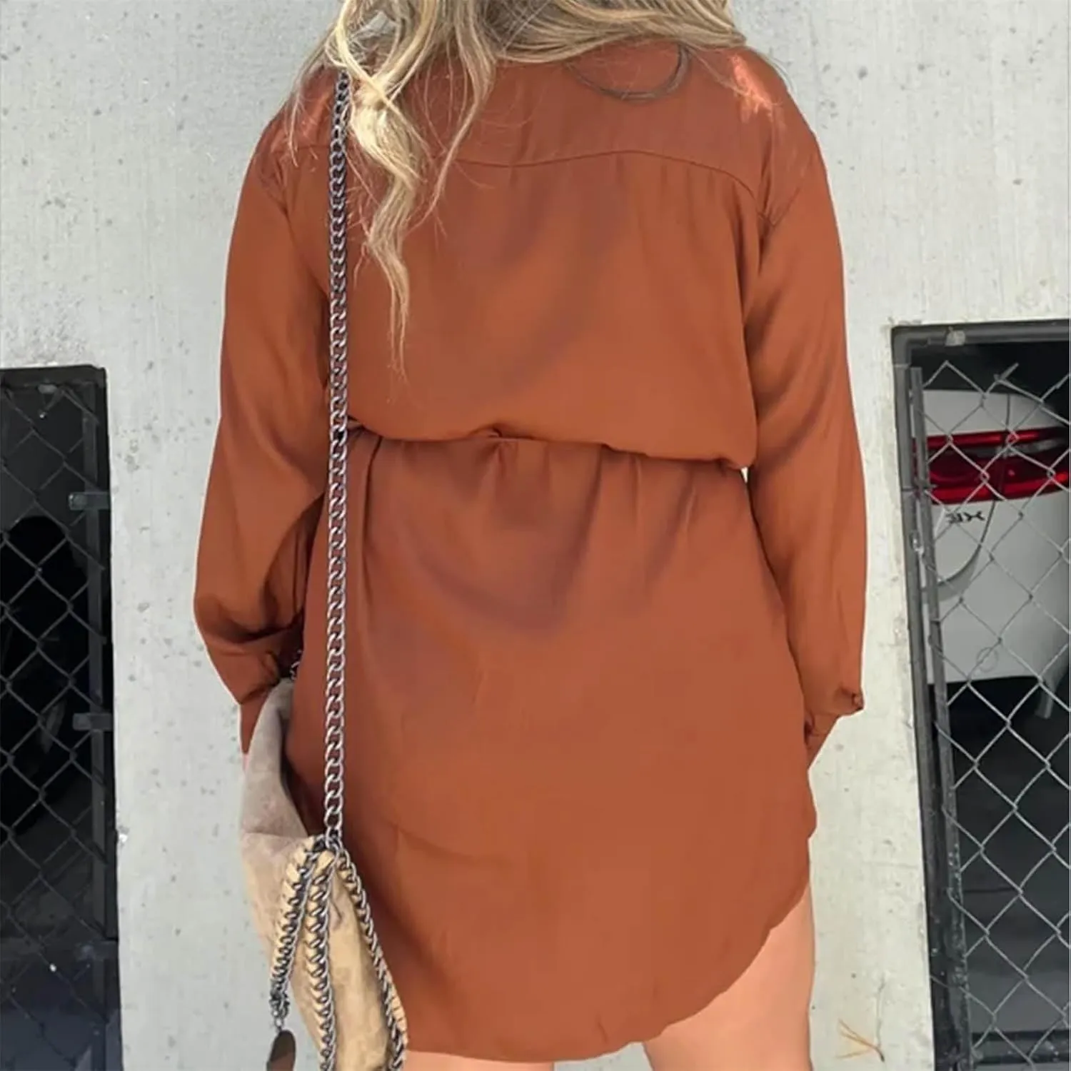 Satin Covered Nights Romper Dress, 2024 New Women's Solid Color Casual Elegant Button Long Sleeve Shirt Suit