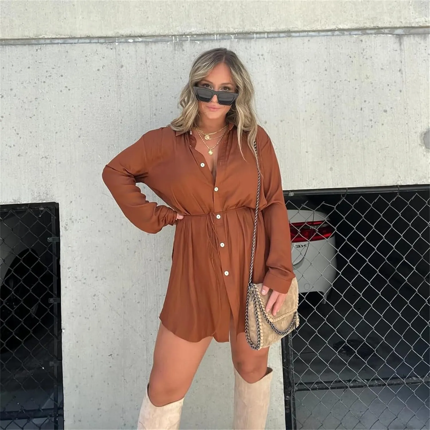 Satin Covered Nights Romper Dress, 2024 New Women's Solid Color Casual Elegant Button Long Sleeve Shirt Suit
