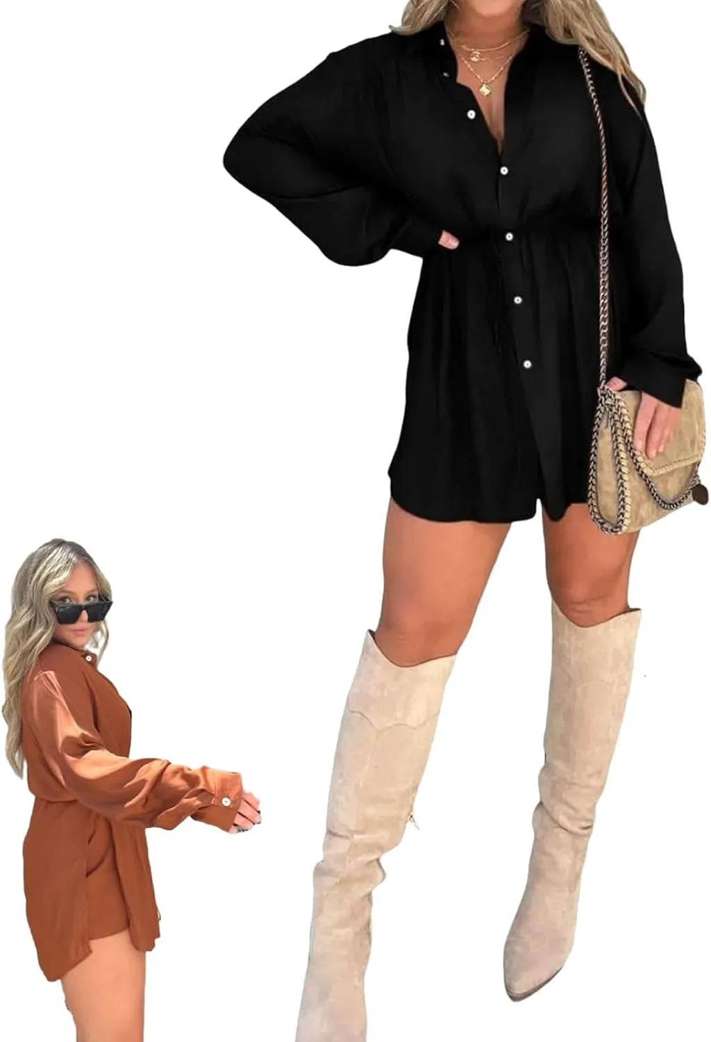 Satin Covered Nights Romper Dress, 2024 New Women's Solid Color Casual Elegant Button Long Sleeve Shirt Suit