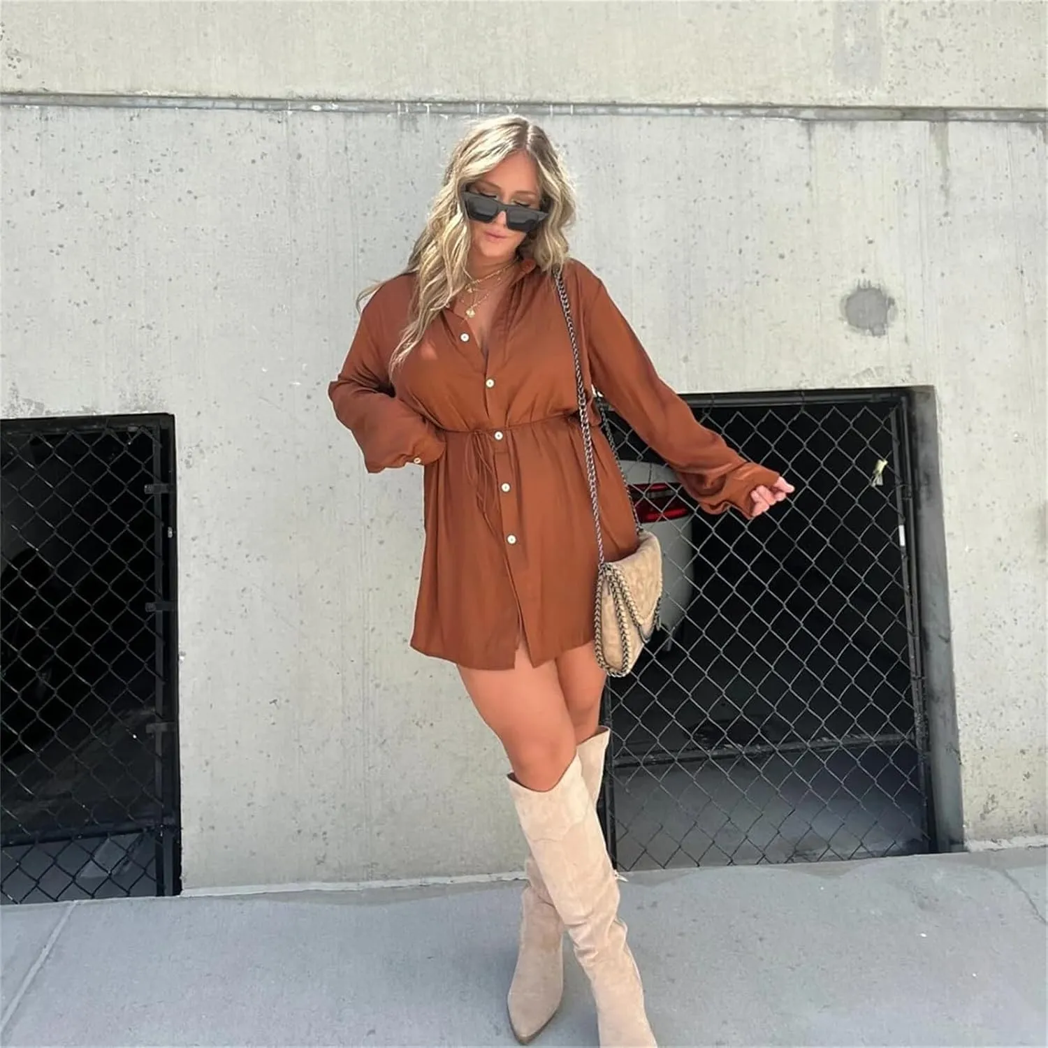 Satin Covered Nights Romper Dress, 2024 New Women's Solid Color Casual Elegant Button Long Sleeve Shirt Suit