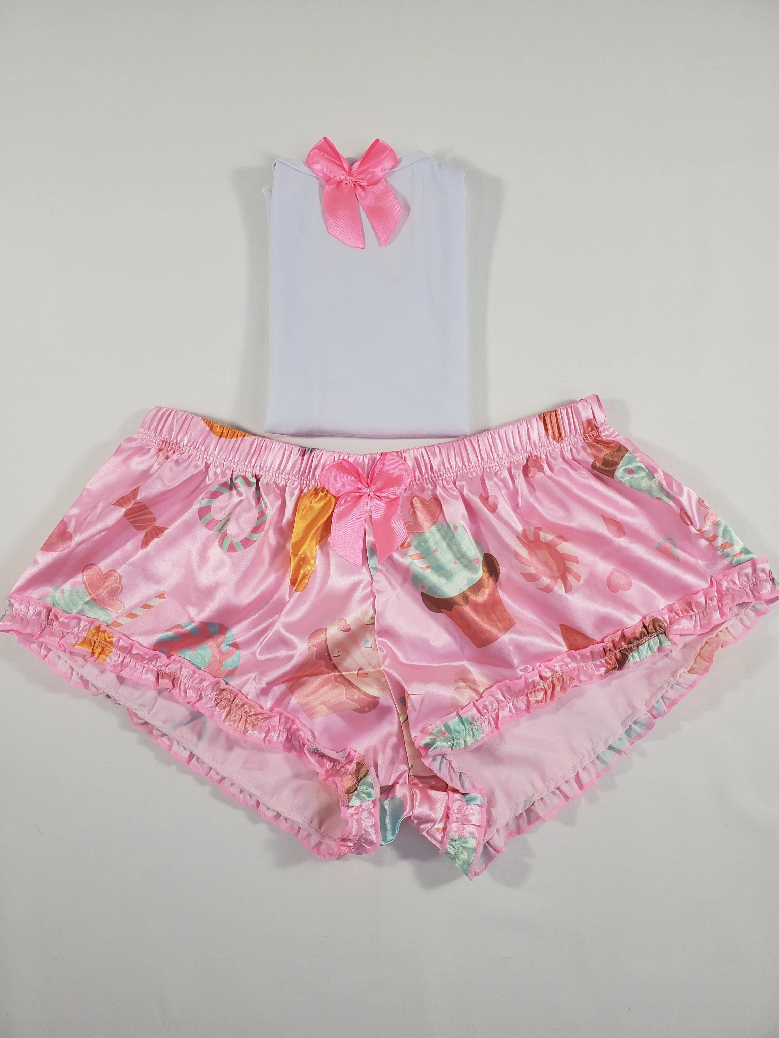 Sexy Women's pajama pink satin shorts donuts theme white blouse