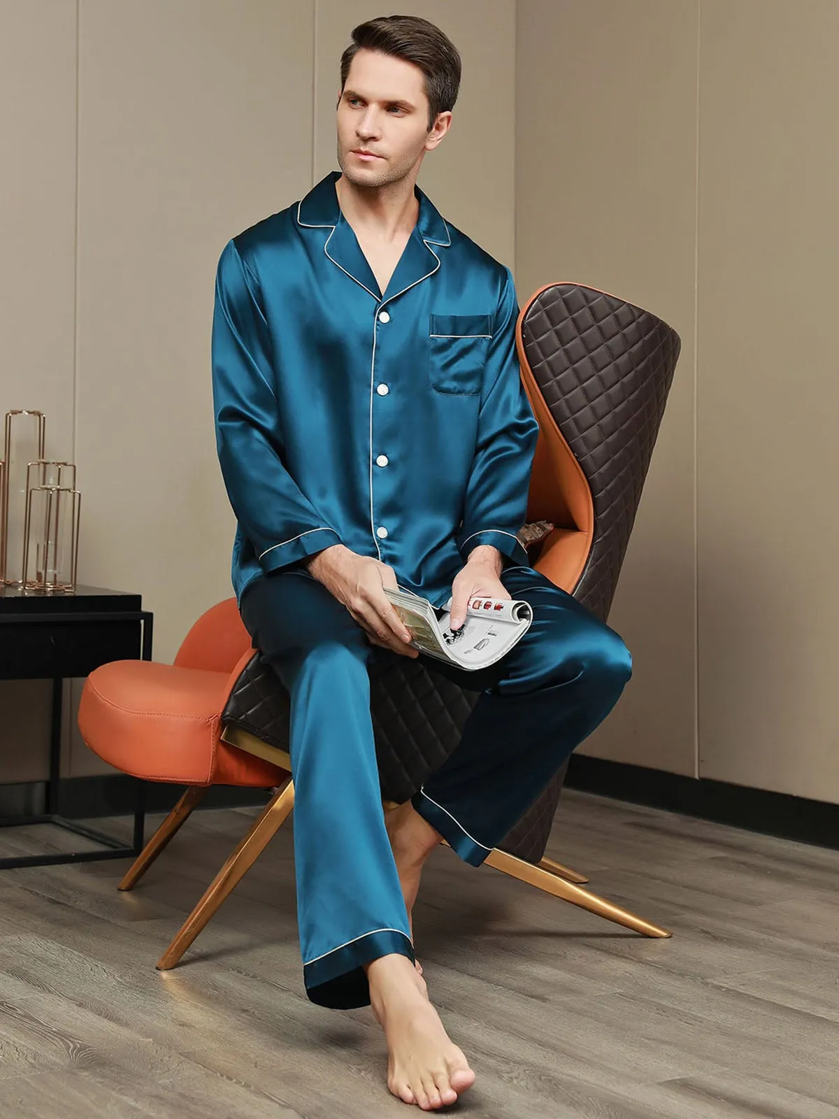 Silk Men's Lapel Long Sleeve Pajamas Set