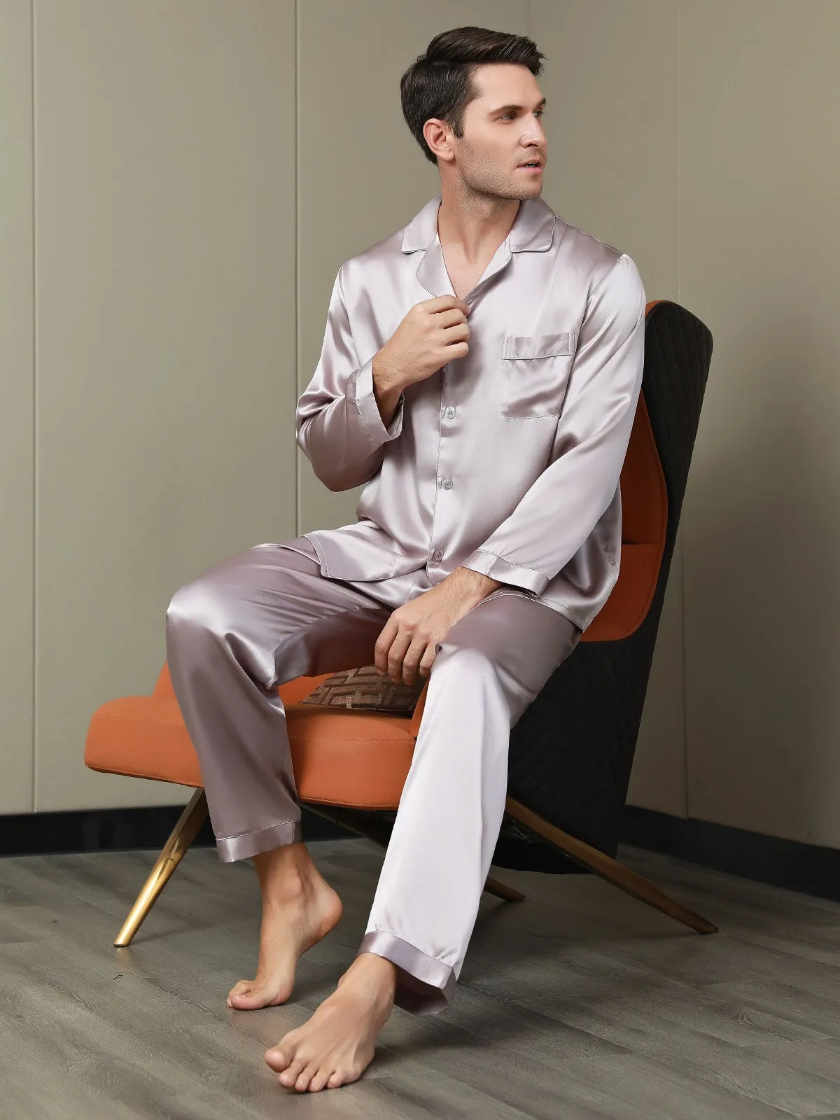 Silk Men's Lapel Long Sleeve Pajamas Set
