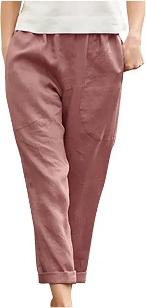 SMIDOW Womens Cotton Linen High Waist Pants Plus Size Casual Elastic Straight Leg Cropped Pant Trousers with Pockets
