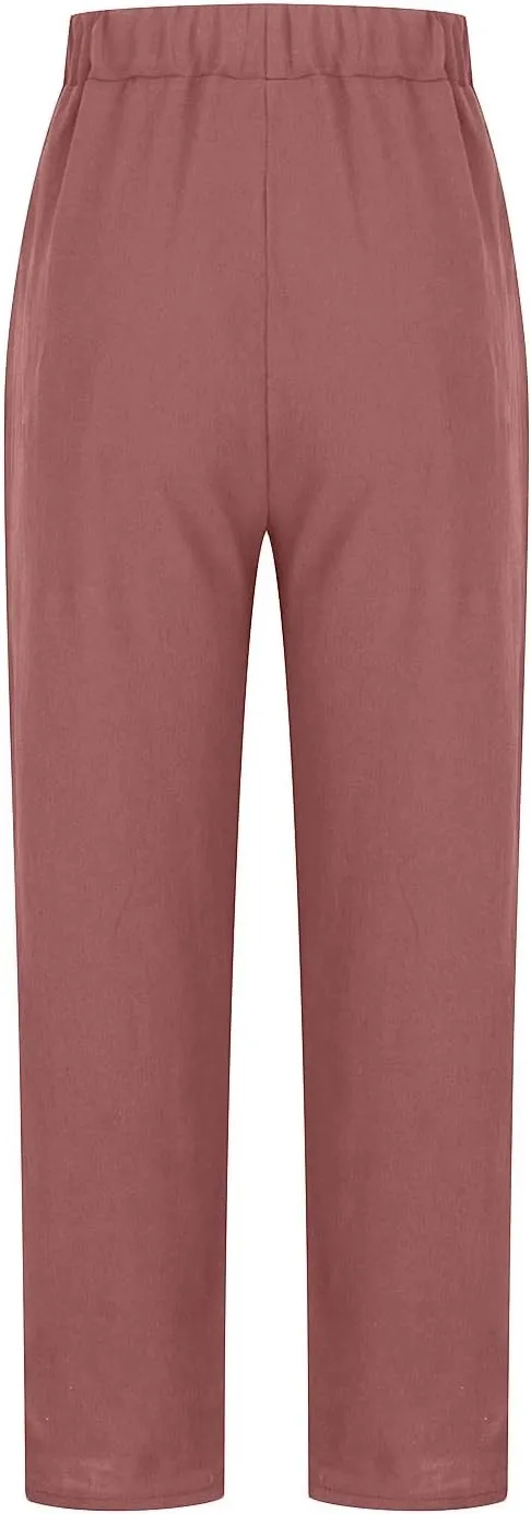 SMIDOW Womens Cotton Linen High Waist Pants Plus Size Casual Elastic Straight Leg Cropped Pant Trousers with Pockets