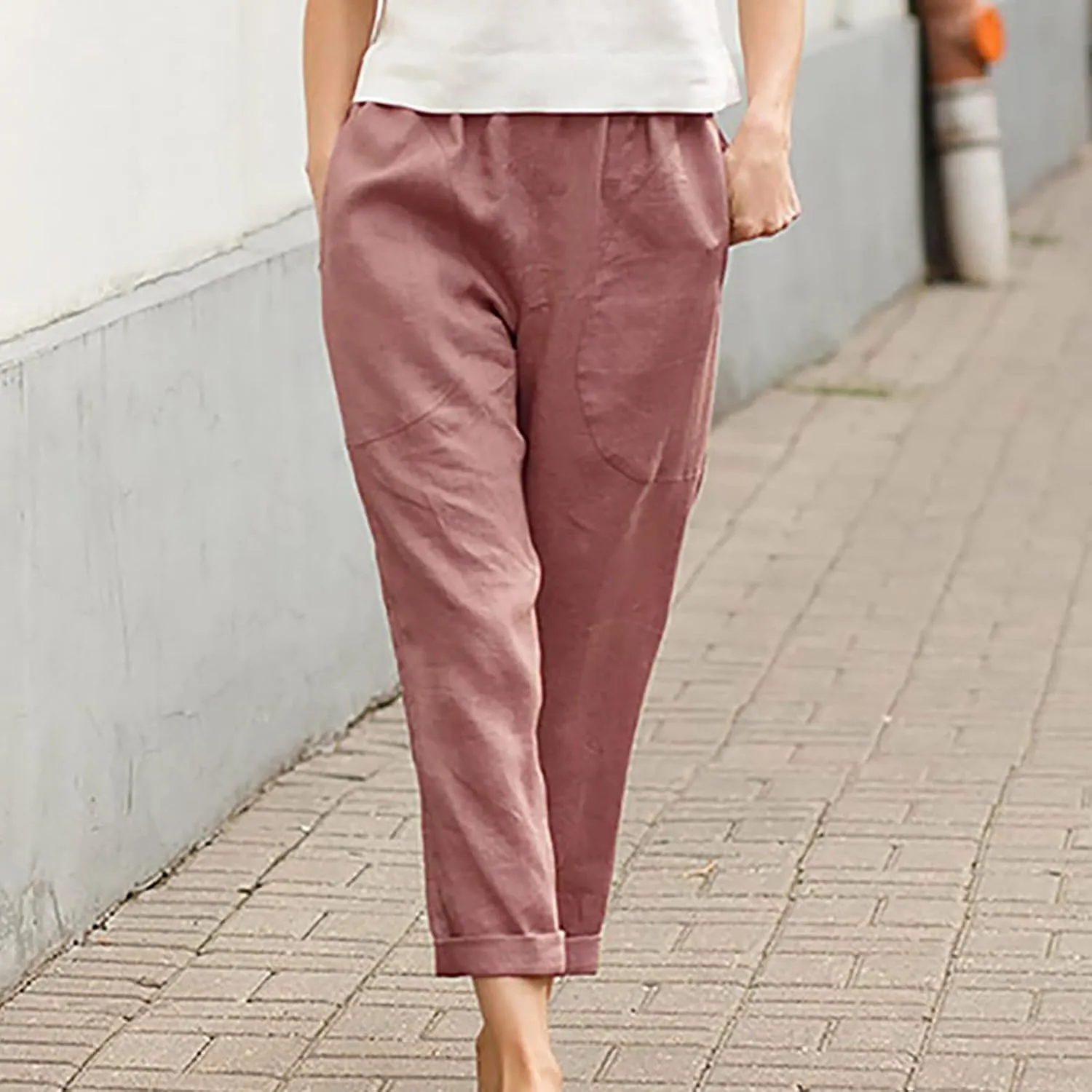 SMIDOW Womens Cotton Linen High Waist Pants Plus Size Casual Elastic Straight Leg Cropped Pant Trousers with Pockets