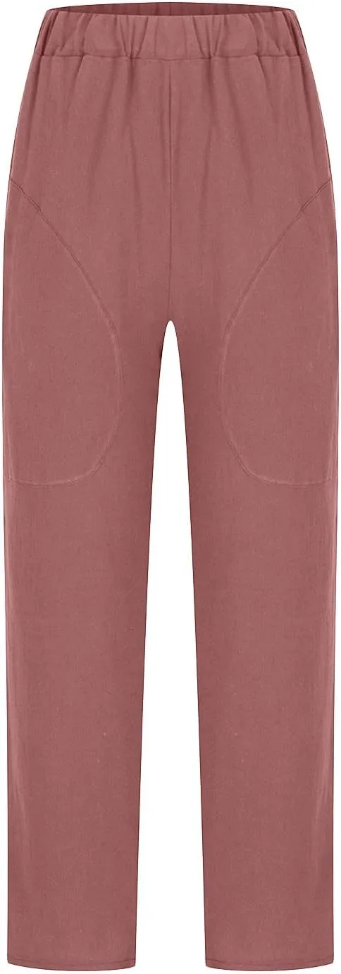SMIDOW Womens Cotton Linen High Waist Pants Plus Size Casual Elastic Straight Leg Cropped Pant Trousers with Pockets