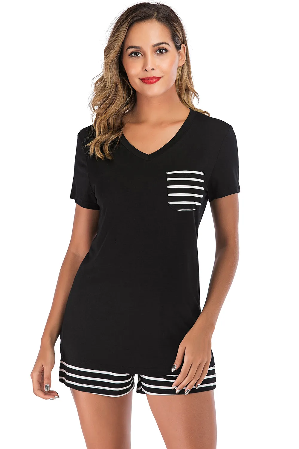 Striped Short Sleeve Top and Shorts Lounge Set Women's Loungewear Fashion and Pajamas