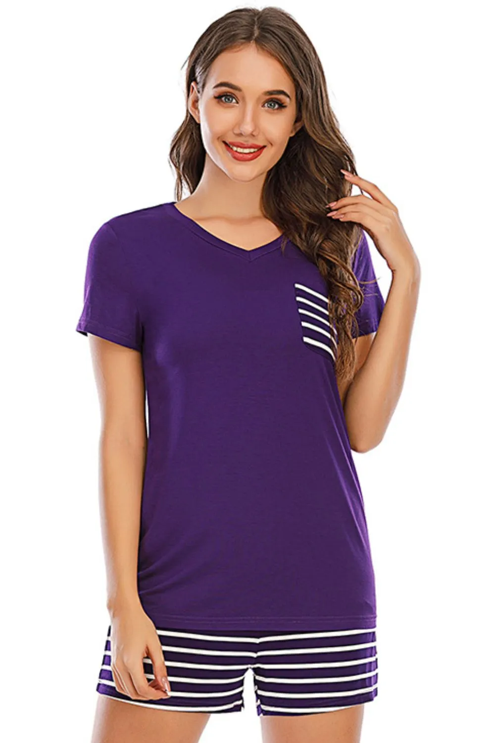 Striped Short Sleeve Top and Shorts Lounge Set Women's Loungewear Fashion and Pajamas