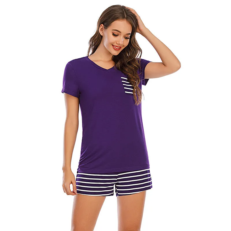 Striped Short Sleeve Top and Shorts Lounge Set Women's Loungewear Fashion and Pajamas