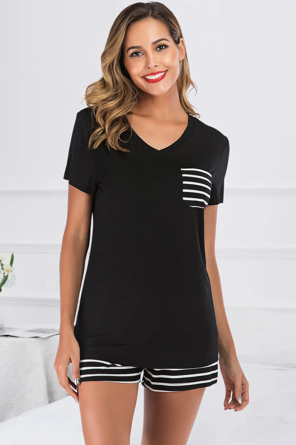 Striped Short Sleeve Top and Shorts Lounge Set Women's Loungewear Fashion and Pajamas