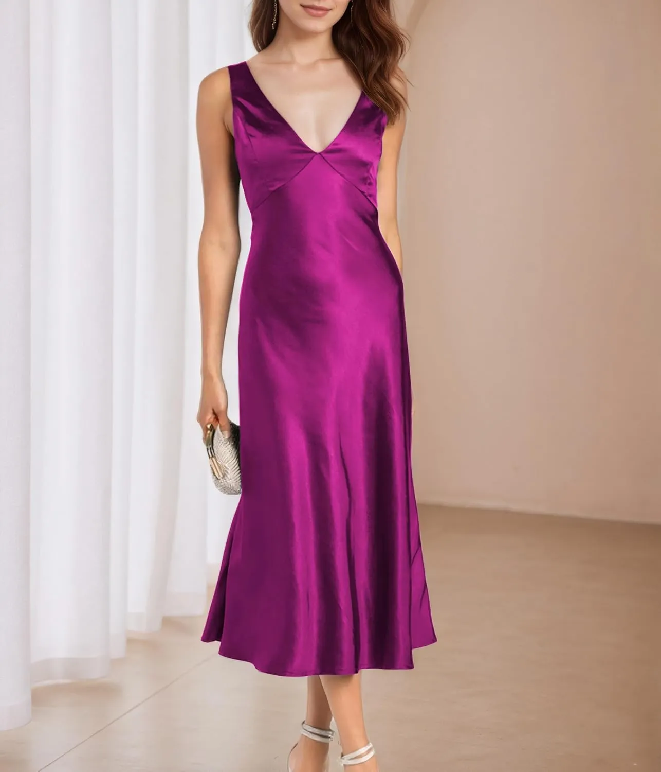 Summer Satin V Neck Backless Midi Dresses for Women 2025 Silky A line Formal Low Back Sleeveless Wedding Guest Long Dress