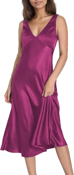 Summer Satin V Neck Backless Midi Dresses for Women 2025 Silky A line Formal Low Back Sleeveless Wedding Guest Long Dress